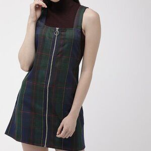 Women M Green & Navy Checked Pinafore Mini Dress